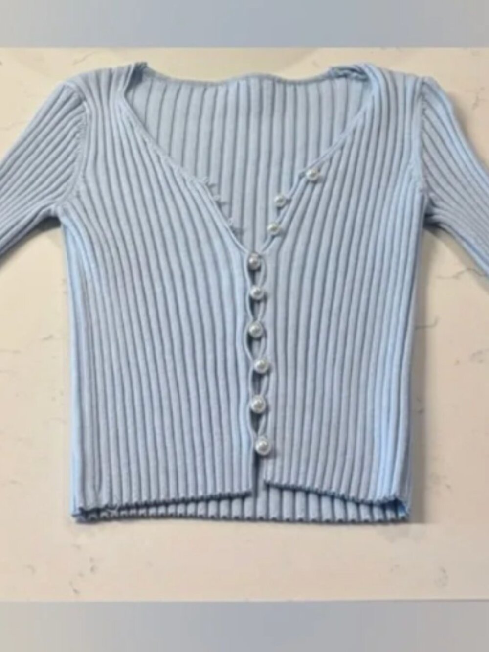 Rumi Neely Baby Blue Pearl Button Fitted Cardigan Sweater Coquette